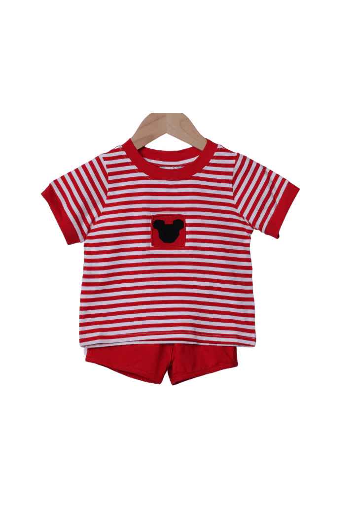 Smocked Mouse Red Stripe Short Set