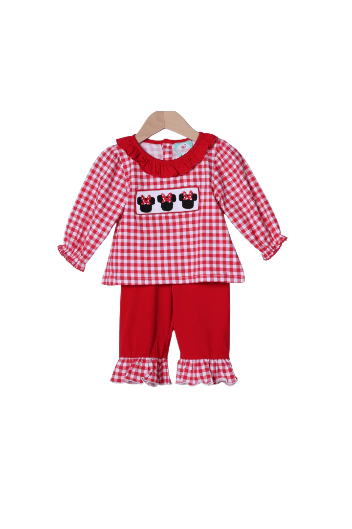 Smocked Red Gingham Mouse Ruffle Long Sleeve Pant Set