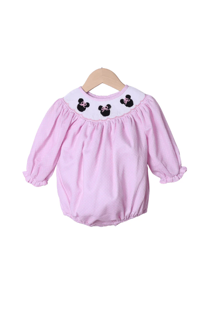 Smocked Pink Bitty Dot Mouse Long Sleeve Bubble