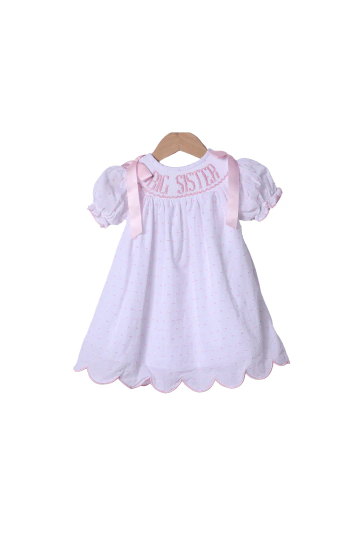 Smocked PINK Bow Sleeve Swiss Dot Big Sister Dress