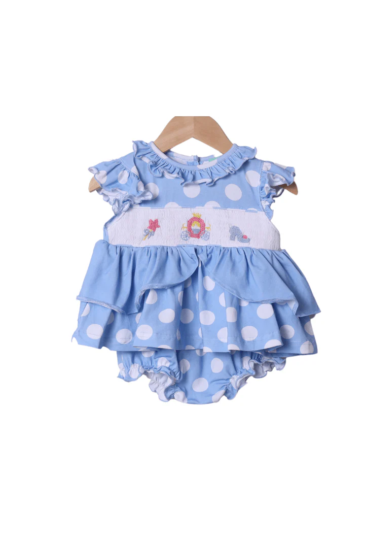 Smocked Princess Carriage Blue Polka Dot Bloomer Set