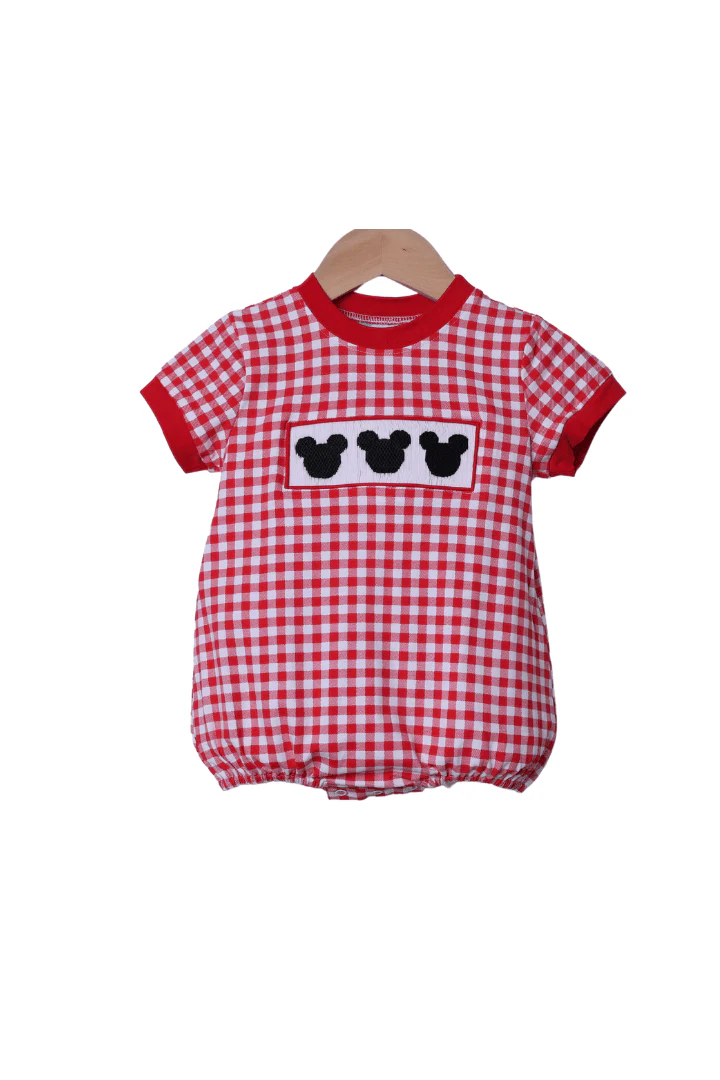 Smocked Red Gingham Mouse Bubble Short Sleeve