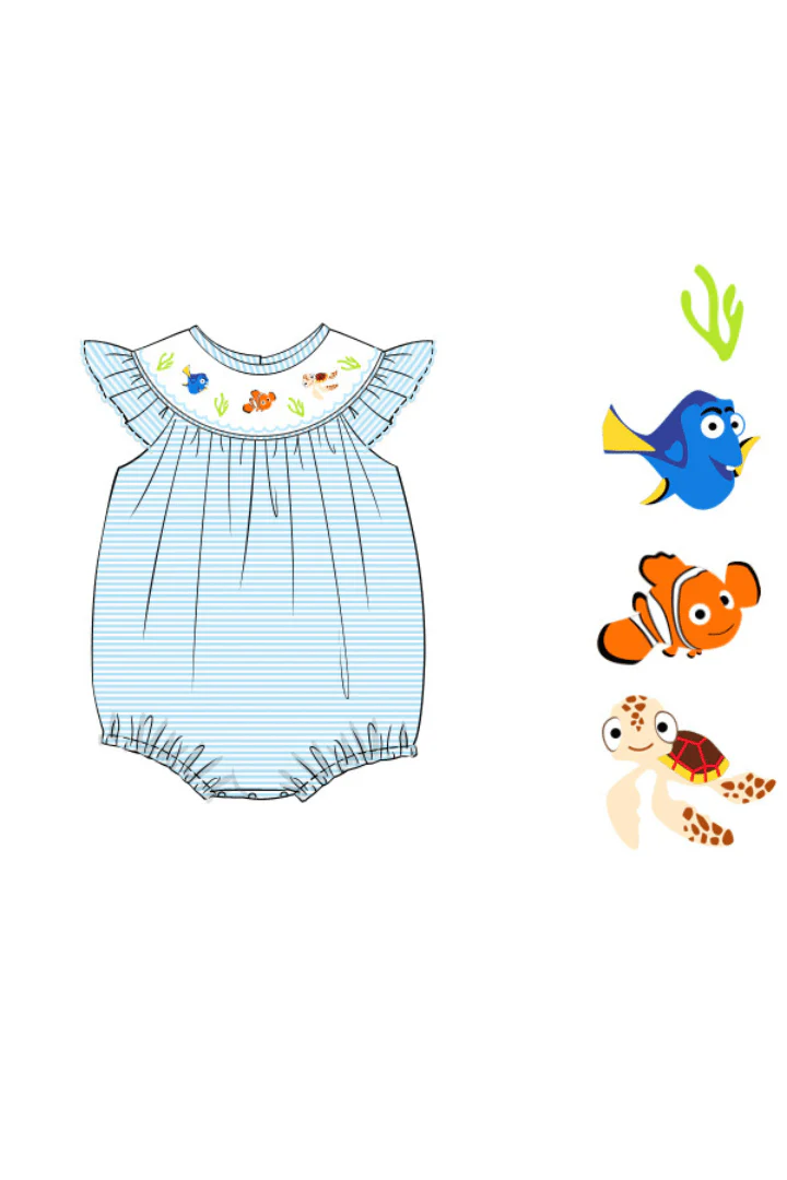Smocked Sea and Friends Blue Stripe Bubble - Image 2